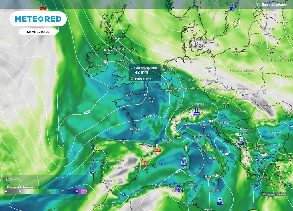 Eau précipitable mardi 25 août Propulsé par la dépression plongeant sur l'Atlantique, l'air très instable issu de la goutte froide au large du Portugal sera très chargé en humidité et viendra traverser la France dans la journée de mardi.