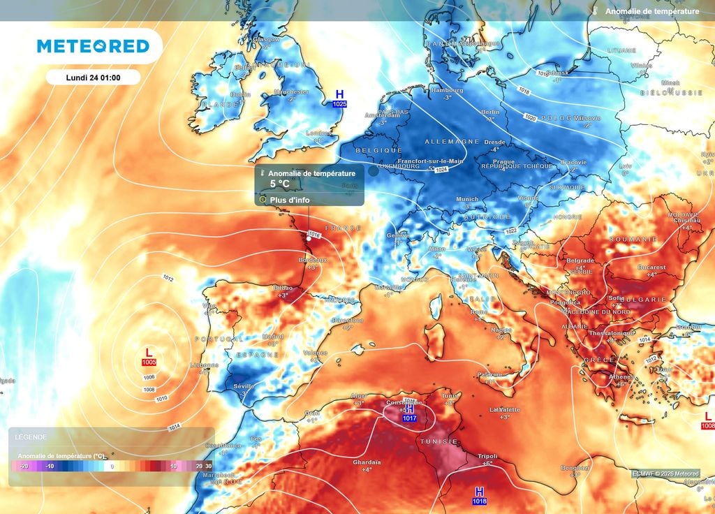 Anomalie de températures lundi La goutte froide présente au large du Portugal va faire remonter de l'air chaud sur la France d'ici lundi, avec à la clé un beau conflit de masses d'air, qui provoquera des orages.