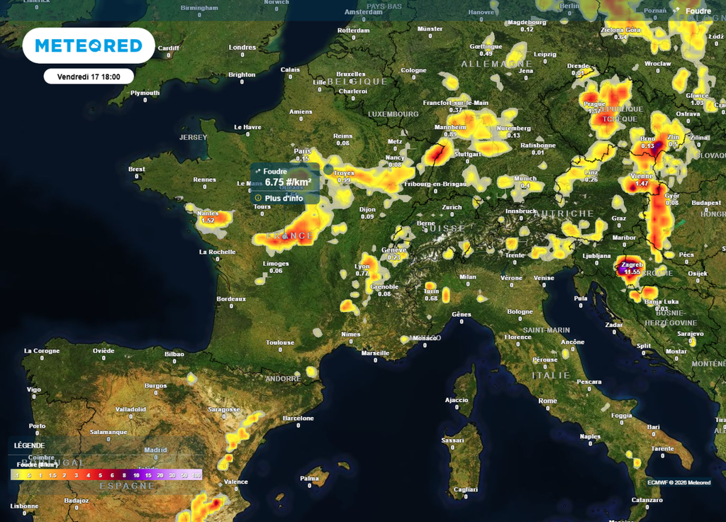 Orages vendredi après-midi Le risque d'orages devrait être moins marqué ce vendredi après-midi, avec la baisse progressive des températures.