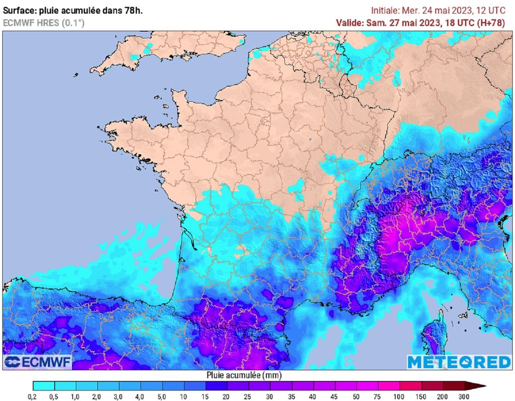 Selon le modèle ECMWF, les cumuls de pluies pourront être conséquents d'ici ce week-end, sur les reliefs et à proximité immédiate. Selon le modèle ECMWF, les cumuls de pluies pourront être conséquents d'ici ce week-end, sur les reliefs et à proximité immédiate.