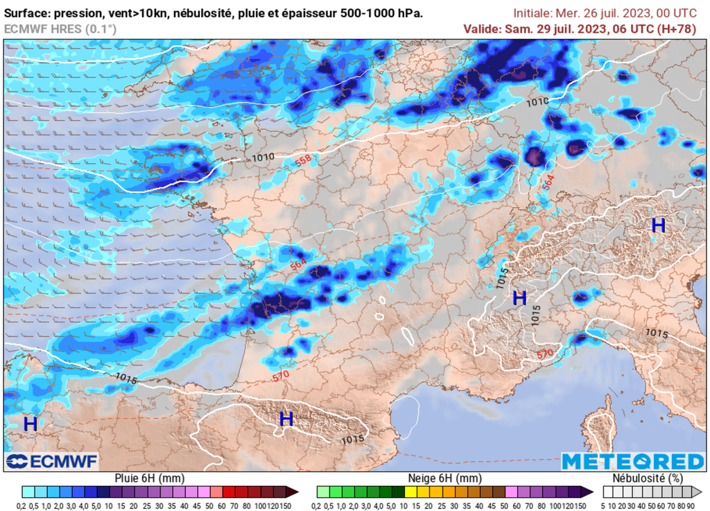 Samedi matin, des orages parfois très pluvieux sont prévus en Aquitaine. Ils s'étendront d'ici la mi-journée jusqu'au Jura.