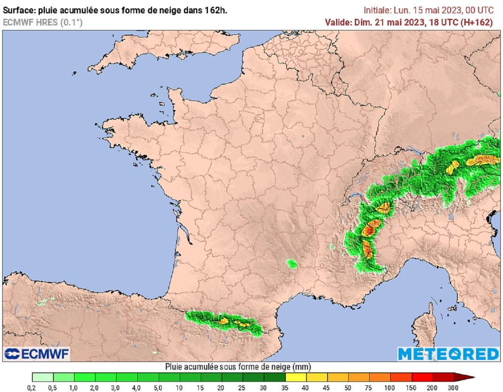 Quantités de neige prévues sur les reliefs d'ici le prochain week-end (modèle ECMWF). Quantités de neige prévues sur les reliefs d'ici le prochain week-end (modèle ECMWF).