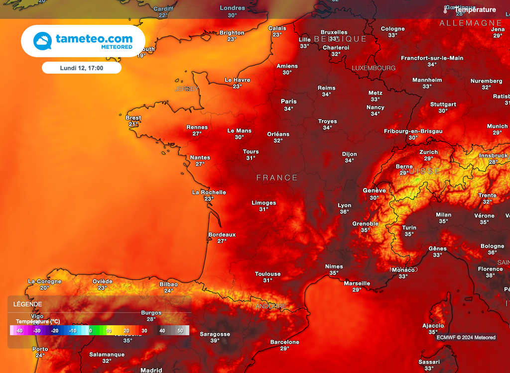 Chaleur parfois très forte annoncée pour lundi après-midi sur nombre de départements français.