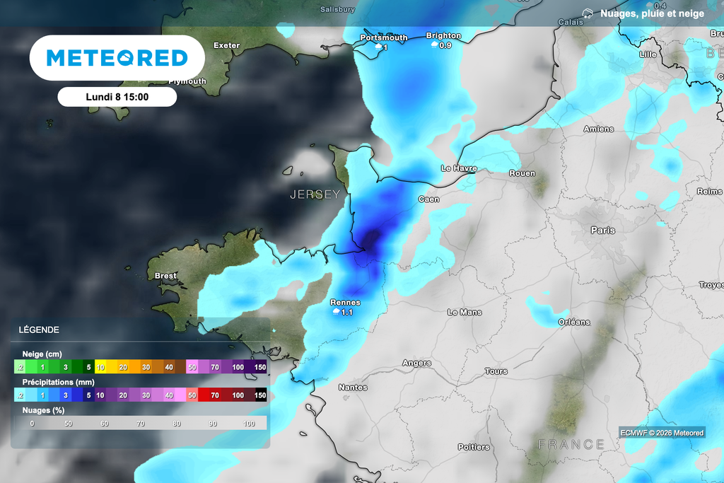 Météo pluvieuse attendue près de la Manche lundi après-midi.