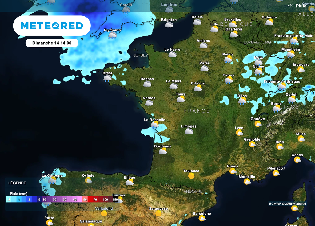 Un temps plus lumineux envisagé pour dimanche. Davantage d'éclaircies pour le sud du pays.
