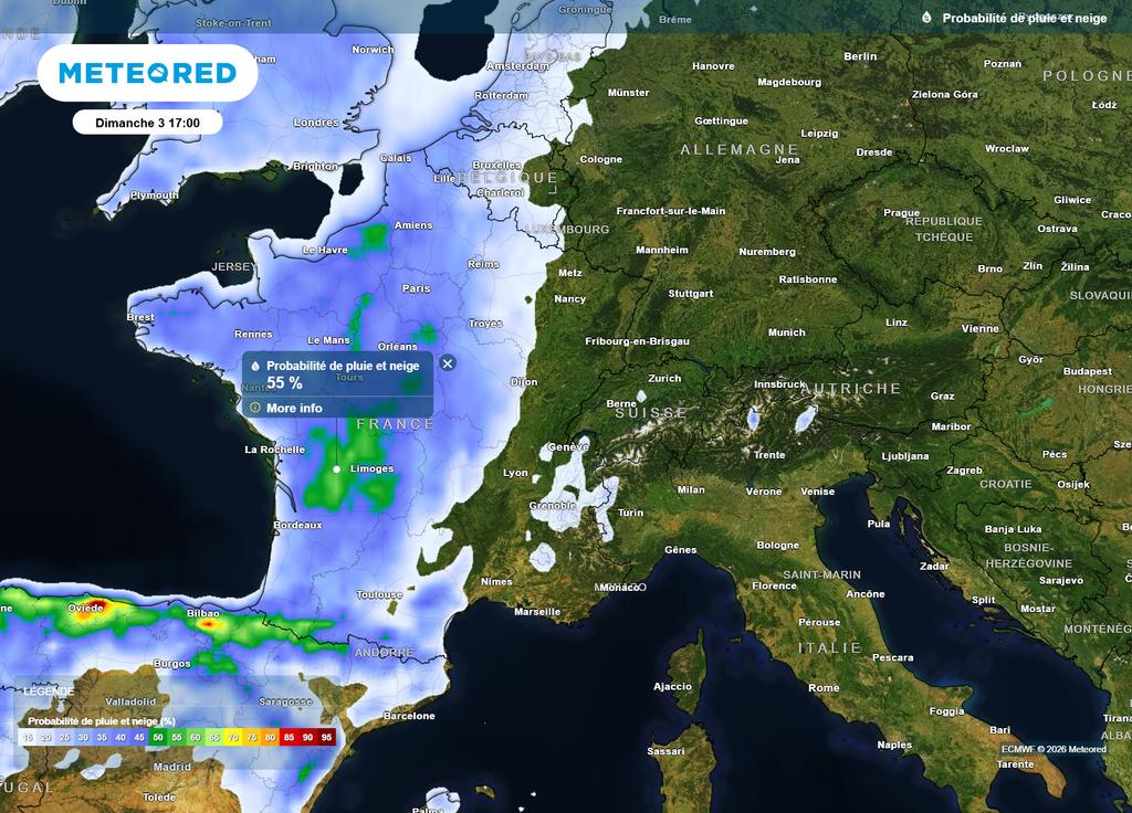 Dimanche, une perturbation pluvieuse et parfois orageuse l'après-midi concernera une bonne moitié Ouest du pays.