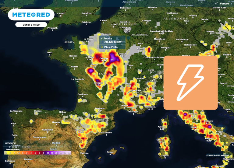 Orages violents en France : lundi et mardi seront les journ&eacute;es les plus &agrave; risque dans 5 r&eacute;gions