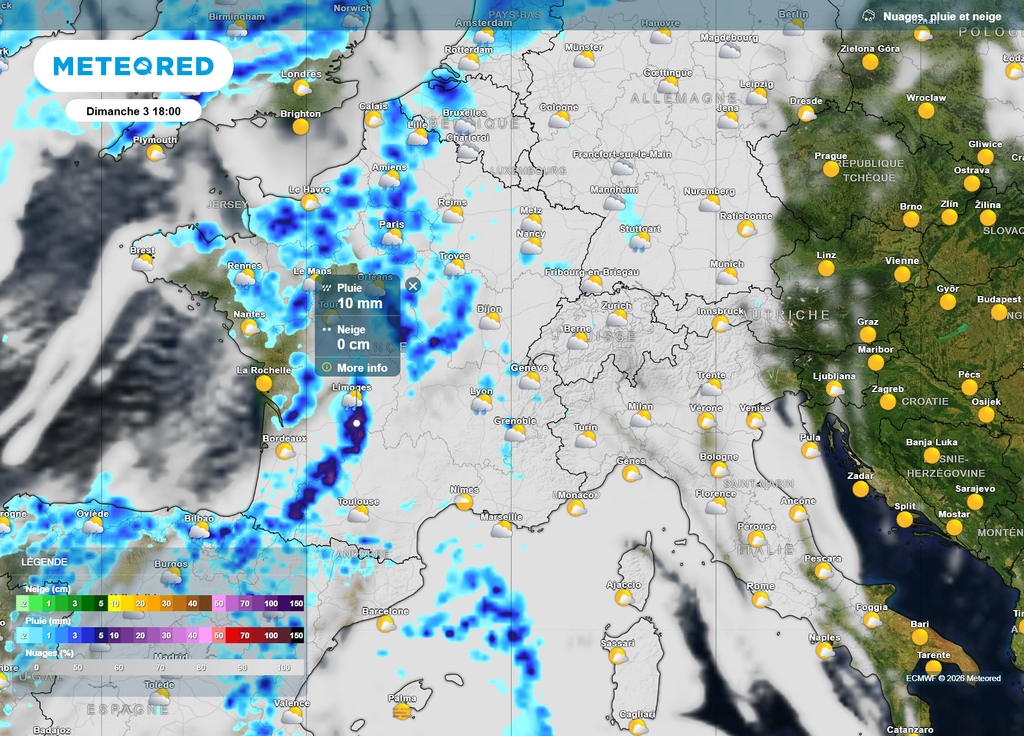 Des orages parfois très pluvieux risquent de se déclencher sur les deux-tiers Ouest du pays ce dimanche après-midi.