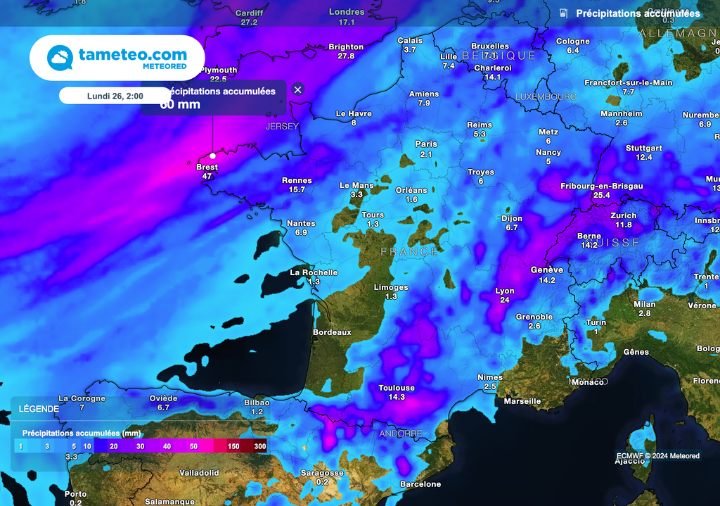 Jusqu'à localement 1 mois de pluie au cours des prochaines heures sur le nord de la Bretagne.