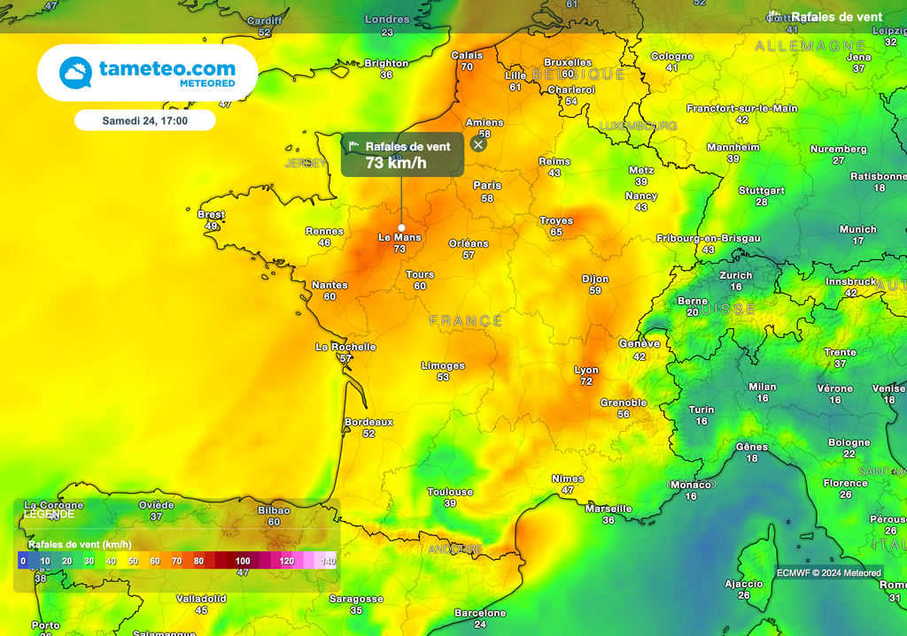 De fortes rafales de vent attendues dans les terres samedi après-midi.
