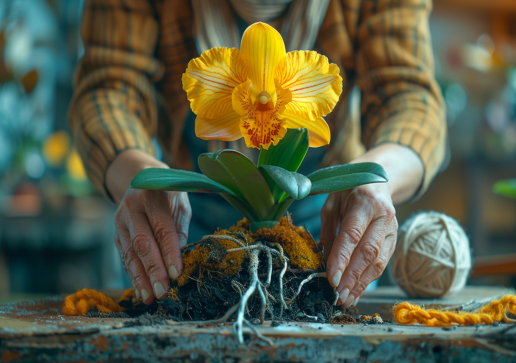 Pflege, Aktion, Hände, ogelbe Orchidee, Wurzeln