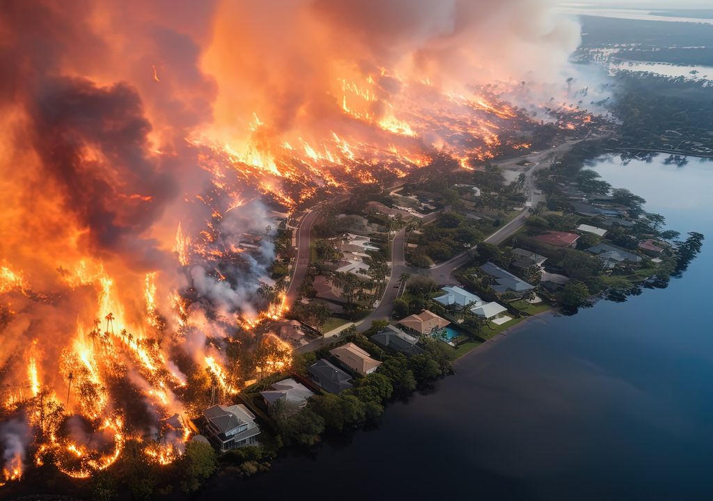 Casas quemándose por incendio forestal borde de cuerpo de agua