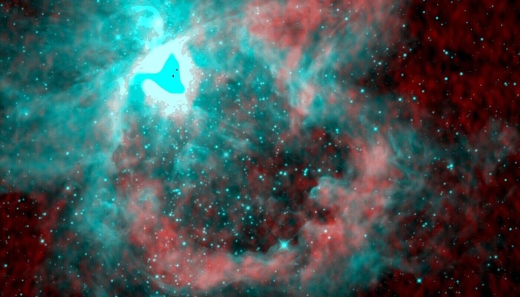 Radioemission von neutralen Wasserstoffatomen in Richtung des Orionnebels. Die roten Farben zeigen die 21-cm-Emission von Wasserstoff, die erstmals mit diesem Detailgrad aufgelöst wurde. Bild: Juan D. Soler/Universität Wien/NRAO/Jansky VLA/NASA/WISE