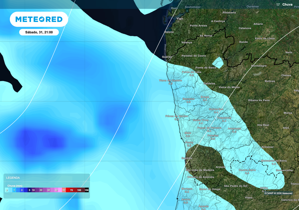 Início da precipitação no litoral Norte, associada à aproximação de uma frente atlântica, com ocorrência ainda fraca e localizada, sobretudo em Viana do Castelo e norte do distrito do Porto.