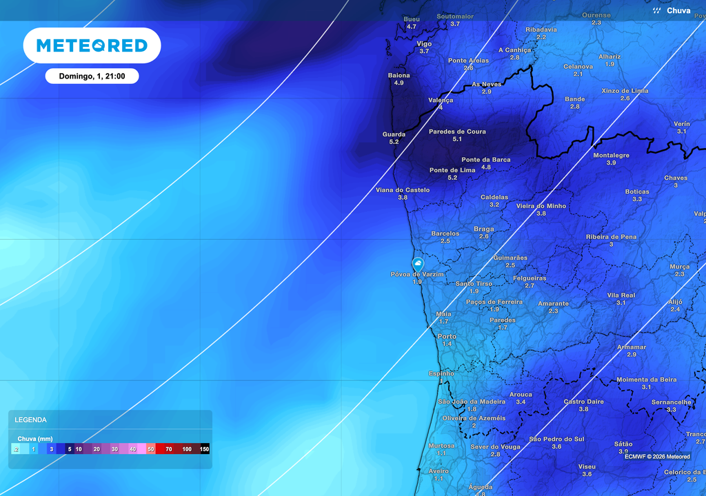 Precipitação mais extensa e persistente no litoral Norte e Centro, com maior incidência em Viana do Castelo, Porto e Aveiro, durante a fase mais ativa do episódio.