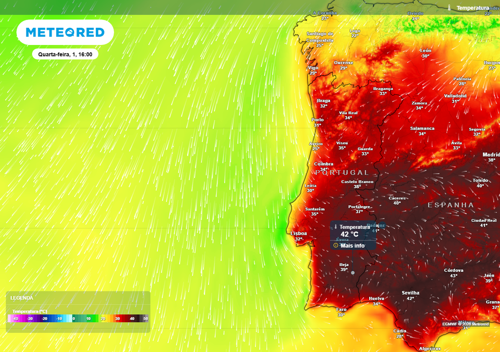 Caso as previsões se confirmem, o Baixo Alentejo e várias outras áreas do Centro-Sul de Portugal continental poderão ser as mais afetadas por um episódio de calor intenso (máximas até 42 ºC) cujo início se perspetiva para meados da próxima semana, a coincidir com o arranque de julho.