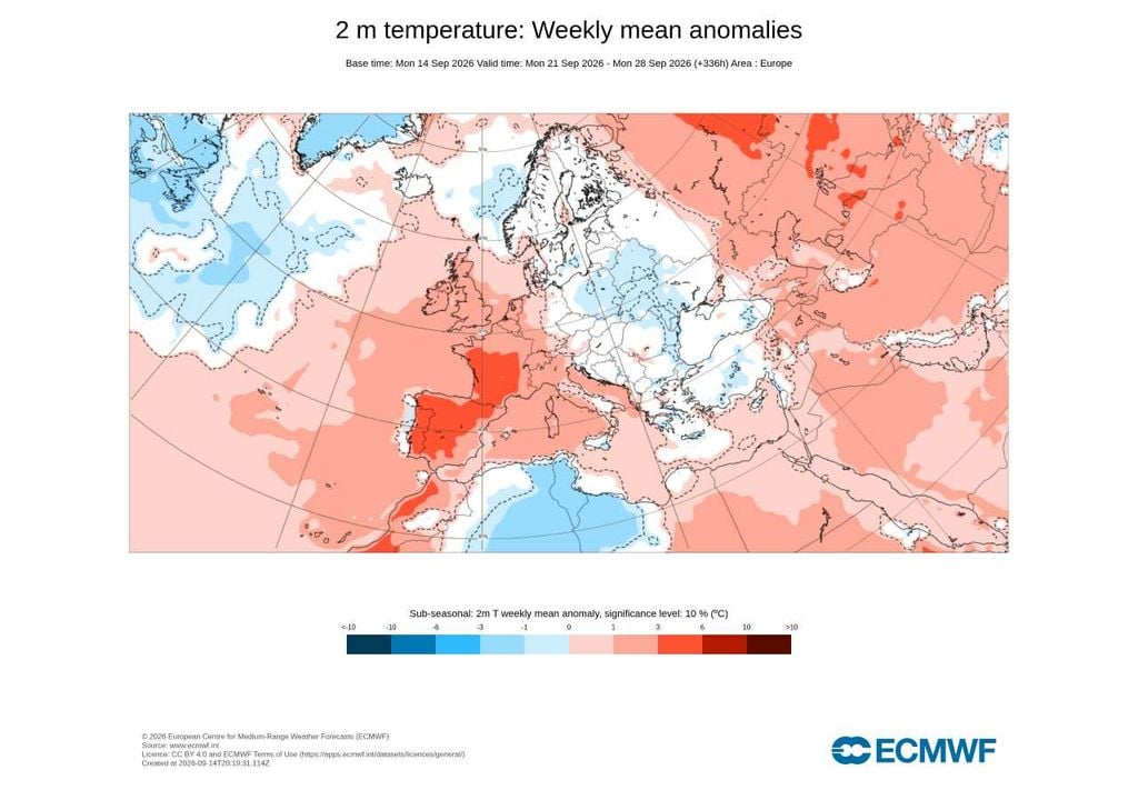 Portugal surge a vermelho no mapa semanal do ECMWF, com temperaturas médias previstas entre 3 e 6 ºC acima do normal. O sinal mostra que o calor deverá persistir durante grande parte da última semana de setembro.