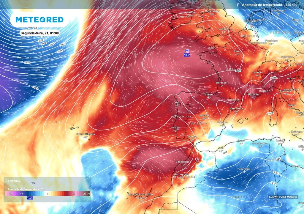Uma massa de ar anormalmente quente instala-se sobre Portugal, com anomalias aos 850 hPa que poderão atingir 6 a 8 ºC. A configuração atmosférica ajuda a explicar a persistência de temperaturas elevadas à superfície.