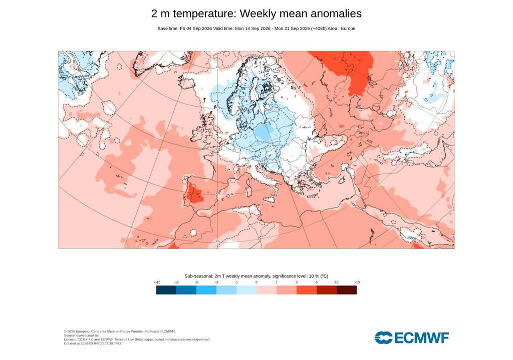 Anomalia semanal da temperatura O ECMWF prevê temperaturas médias acima do normal em Portugal durante esta semana. As anomalias positivas deverão ser mais evidentes sobretudo no interior Norte e Centro.