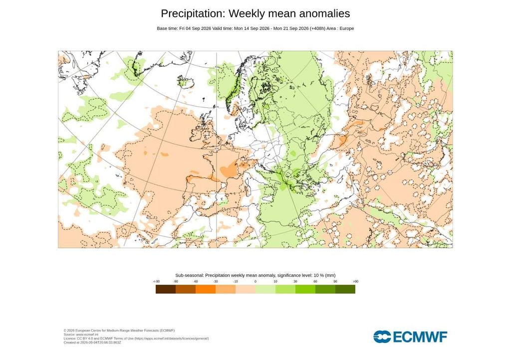 Anomalia semanal da precipitação Grande parte de Portugal apresenta um sinal de precipitação abaixo da média climatológica. Isto não exclui episódios de chuva, mas sugere que o total semanal poderá ficar aquém do habitual para esta altura de setembro.