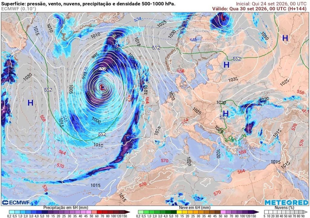Possível distribuição da chuva nas primeiras horas de quarta-feira, 30 de setembro, de acordo com o modelo europeu.