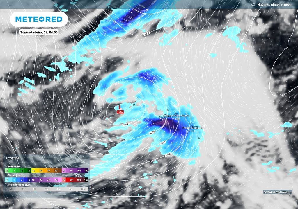 Depressão atlântica a percorrer os Açores entre domingo e segunda-feira, dias 27 e 28 de setembro.
