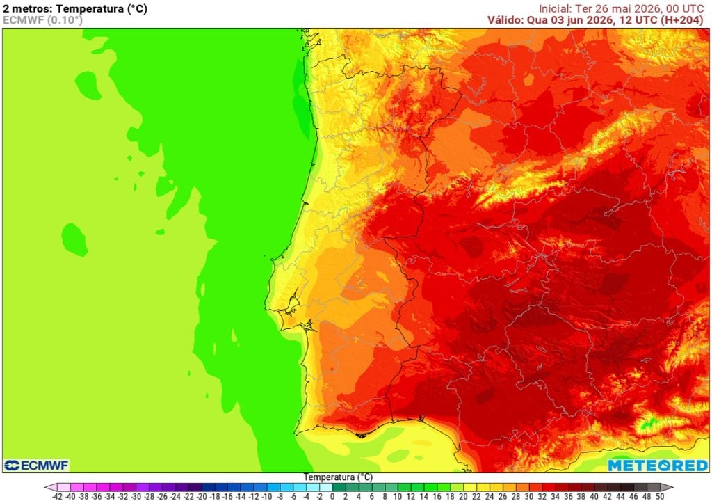 Os mapas mais recentes do ECMWF sugerem uma alteração gradual do padrão atmosférico no início de junho, permitindo uma descida das temperaturas em Portugal continental após vários dias de calor intenso.