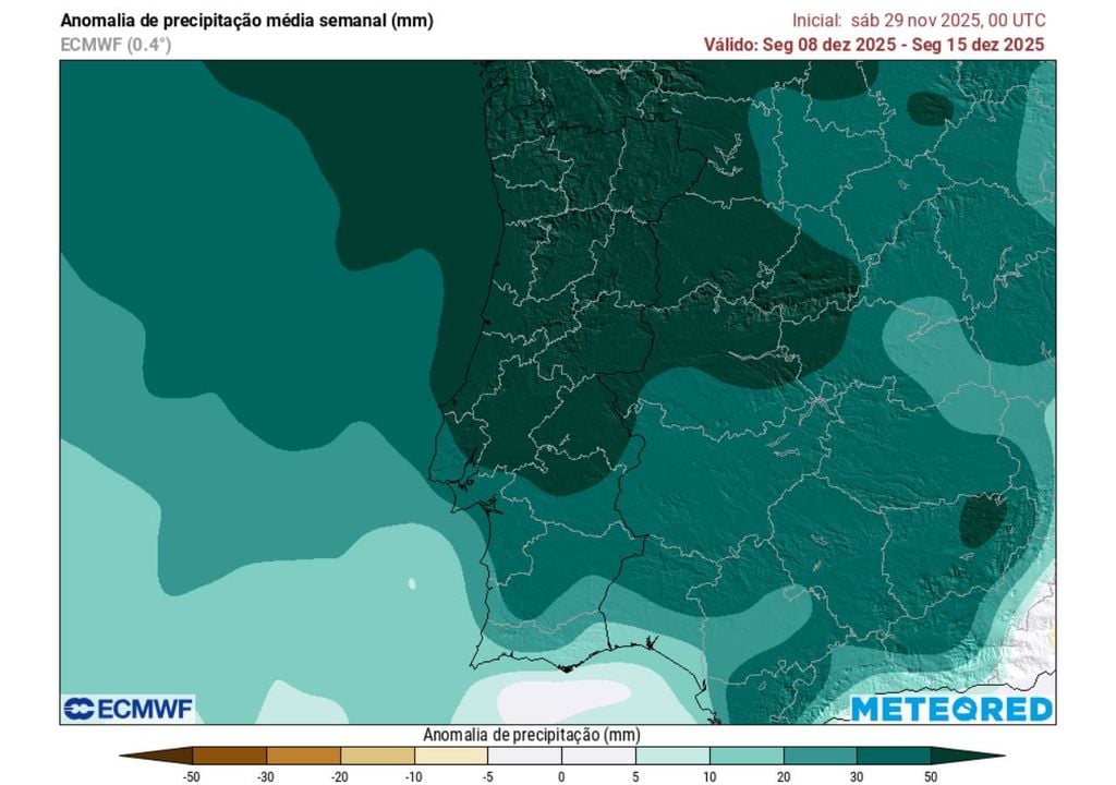 anomalia de precipitação prevista para a semana de 8 a 15 de dezembro