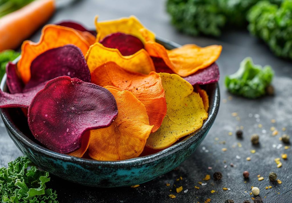 chips, snacks, vegetais