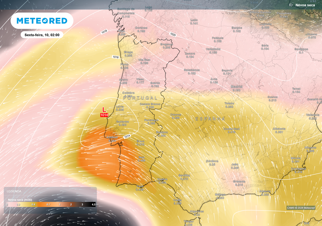 Na madrugada de sexta-feira, dia 10 de abril, a concentração de poeiras deverá ser elevada no Sul do país.