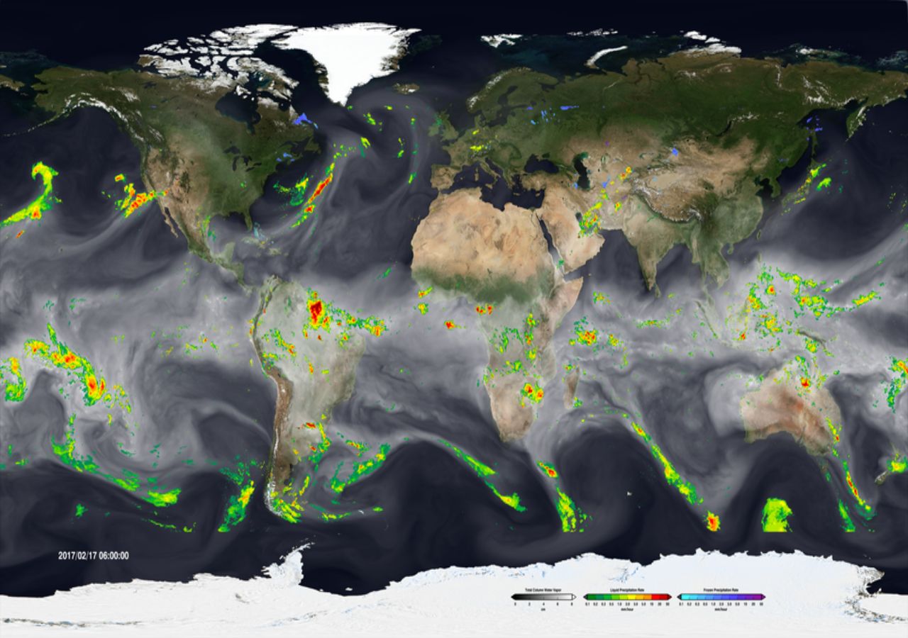 Os rios atmosféricos são produzidos em todo o mundo, como mostra esta imagem global de dados de satélite. Estúdio de visualização científica da NASA/Goddard Space Flight Center