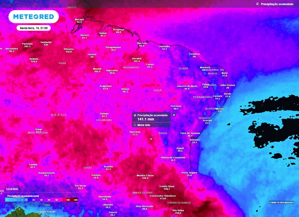 Chuva acumulada prevista até de sexta-feira(10), pelo modelo ECMWF.