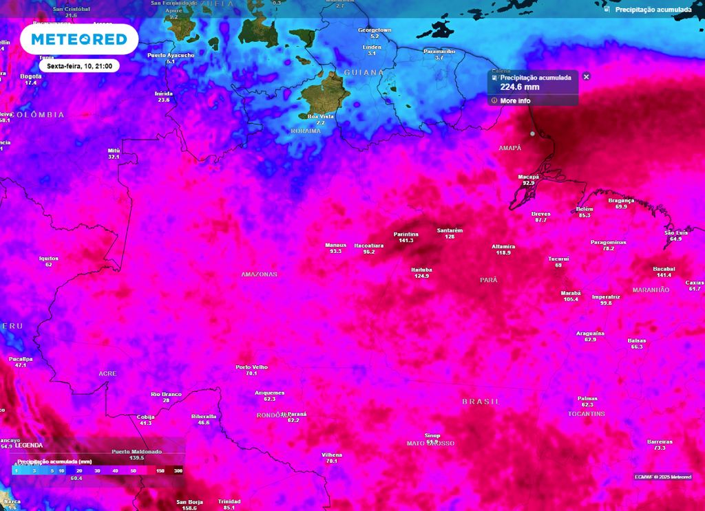 Chuva acumulada prevista para a região Norte até de sexta-feira(10)..
