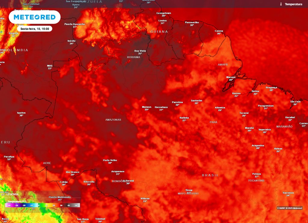 Temperatura máxima prevista para a região Norte na tarde de sexta-feira(10).