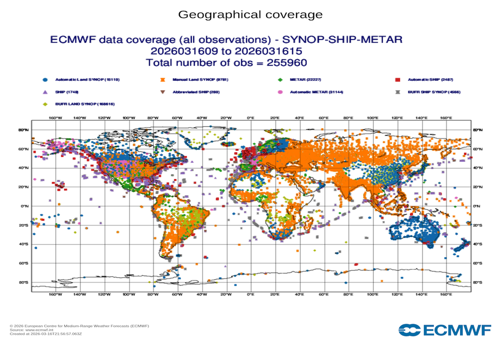 Mappa della copertura globale di dati da stazioni meteo, boe, navi ecc usati a inizializzare il modello ECMWF. Si notano ampie zone con scarsa copertura, nonchè la mancanza dati in Iran e altre zone in guerra.
