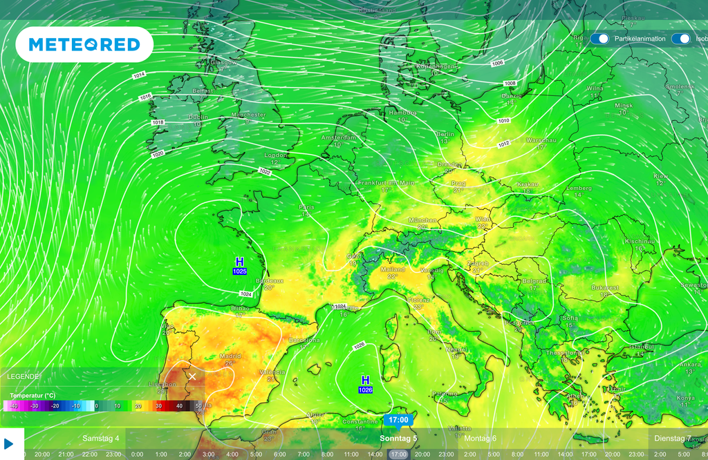 Am Sonntagnachmittag liegen die 2 m-Temperaturen im Norden und in der Mitte hinter der Kaltfront meist bei 8 bis 12 °C, im Süden im Übergangsbereich noch bei etwa 12 bis 15 °C, während die 20 bis 23 °C erst später unter Hochdruckeinfluss mit einsetzender Warmluftzufuhr erreicht werden.