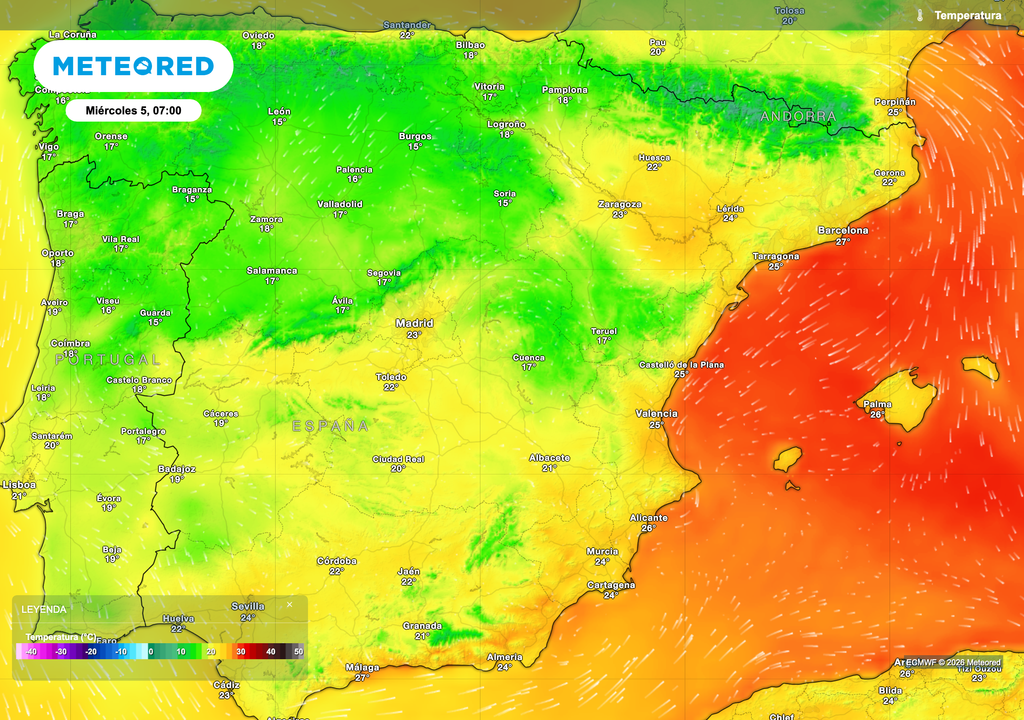 Temperaturas mínimas previstas por el modelo europeo para mañana miércoles a las siete de la mañana.