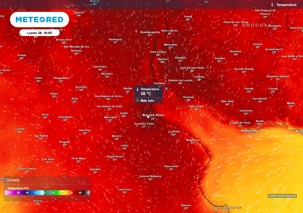 Temperatura Lunes 26 de enero a las 16 h. Temperaturas para el día lunes 26 de enero a las 16 h, según el modelo ECMWF.