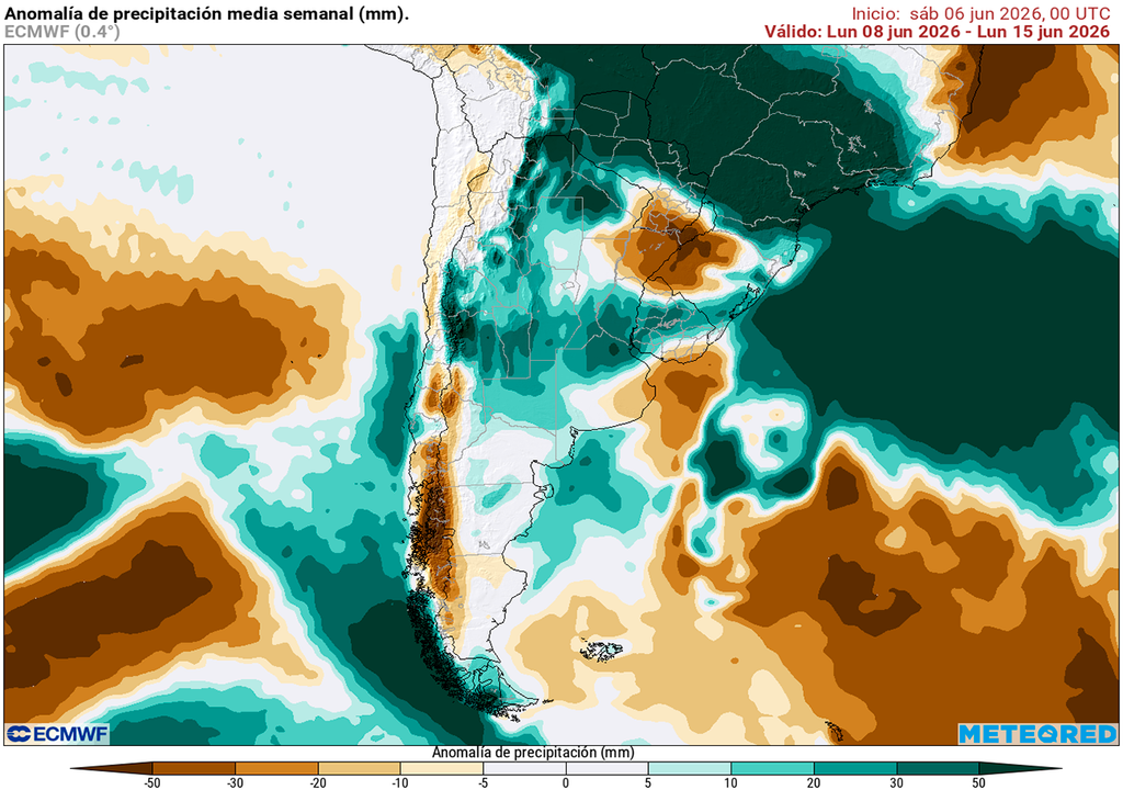 Pronóstico, Clima, Tiempo, Argentina, Anomalía, Temperatura, ECMWF, Lluvias, Humedad, Pampeana, Litoral, Noroeste, Reservas, Agricultura, Junio Anomalía de precipitaciones prevista para los próximos 7 días según el modelo ECMWF