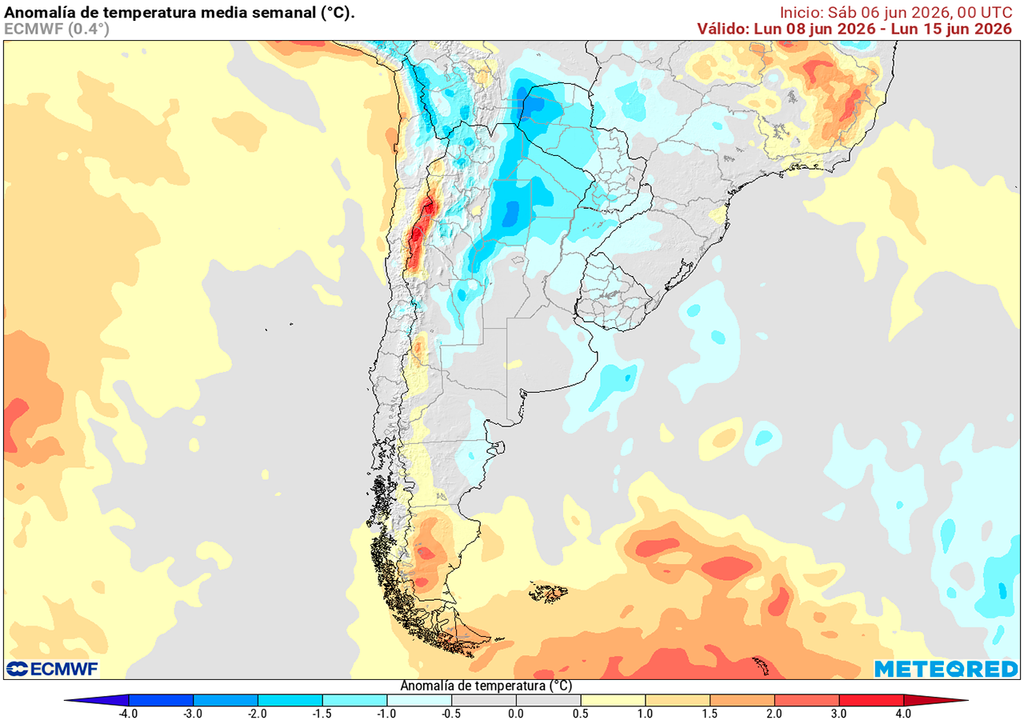 Pronóstico, Clima, Tiempo, Argentina, Anomalía, Temperatura, ECMWF, Lluvias, Humedad, Pampeana, Litoral, Noroeste, Reservas, Agricultura, Junio Anomalía de temperaturas prevista para los próximos 7 días según el modelo ECMWF