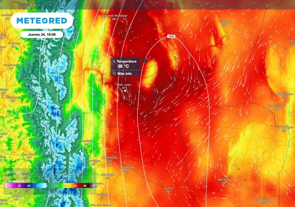 Zonda Cuyo El efecto zonda sobre Cuyo podrá ser más intenso sobre San Juan llevando la temperartura hasta el entorno de 38 ºC con fuertes ráfagas del noroeste.