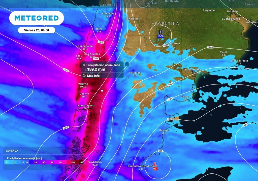 Lluvias acumuladas Los acumulados de lluvia pueden superar holgadamente los 100 mm en sectores cordilleranos desde el noroeste de Chubut hacia el norte. Son condiciones peligrosas ya que el nivel de congelamiento estará alto y ayudará a sumar al agua de la lluvia la nieve que pueda derretirse.