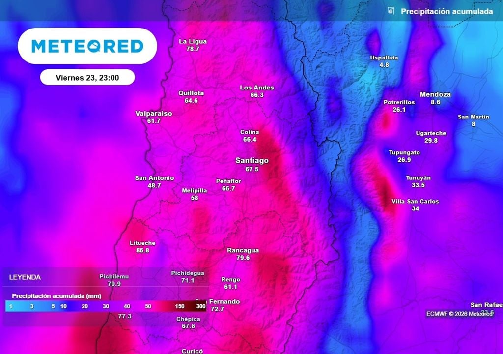Entre martes y viernes de esta semana se esperan acumulados muy significativos en Santiago: podrían superarse los 60 mm de agua caída.
