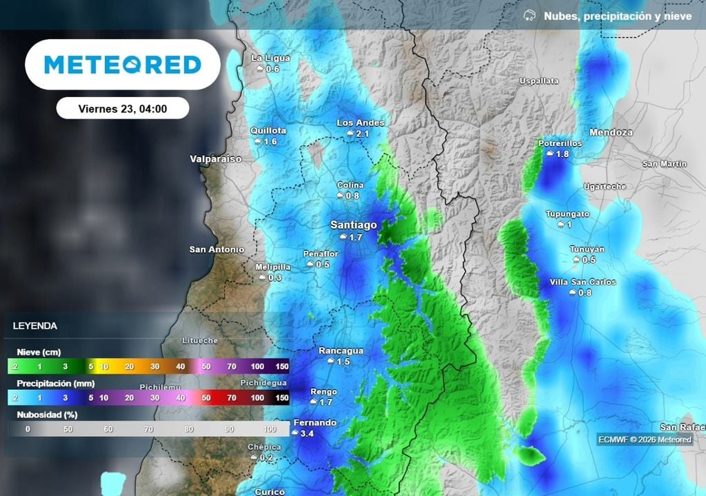 Otra banda frontal podría llegar durante los próximos días a Santiago y concentrar importantes lluvias en la madrugada del viernes.