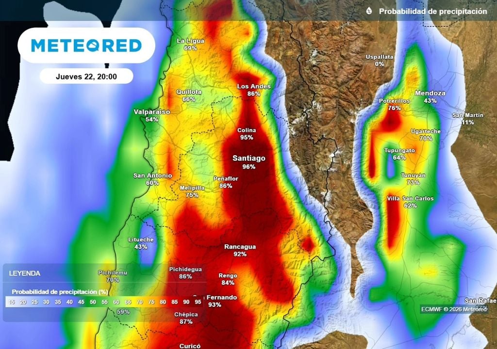 La probabilidad de precipitaciones en la tarde noche del jueves supera el 90 % en Santiagoy otras zonas de la RM.