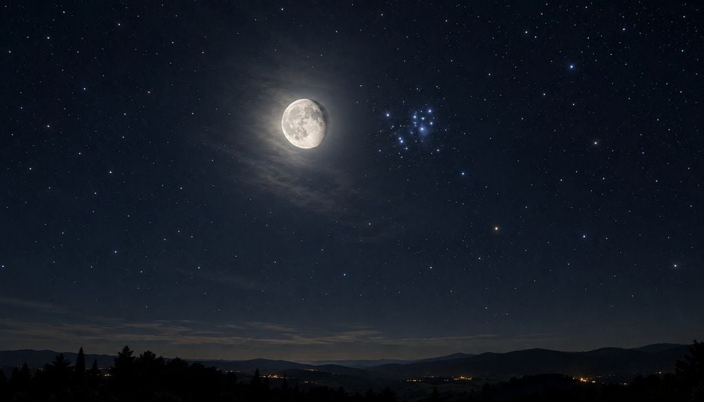 Il 28 ottobre la Luna gibbosa incontrerà le Pleiadi: il binocolo aiuterà a superare il forte chiarore lunare.