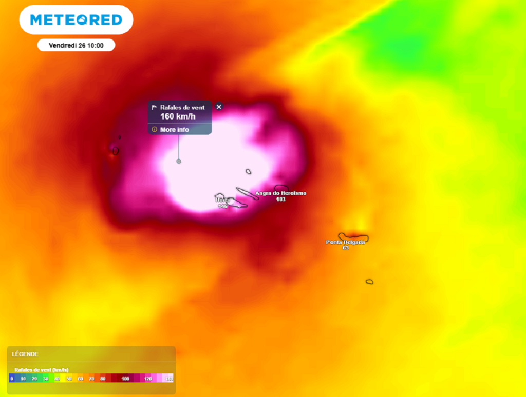 Des rafales de vent à plus de 150 km/h sont modélisées dans l'archipel des Açores vendredi matin. Des rafales de vent à plus de 150 km/h sont modélisées dans l'archipel des Açores vendredi matin.
