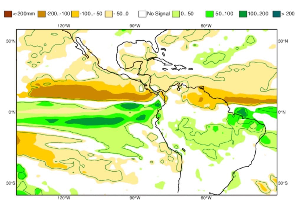 Previsão de anomalias de chuva no trimestre Março-Abril-Maio de 2026 (modelo ECMWF).