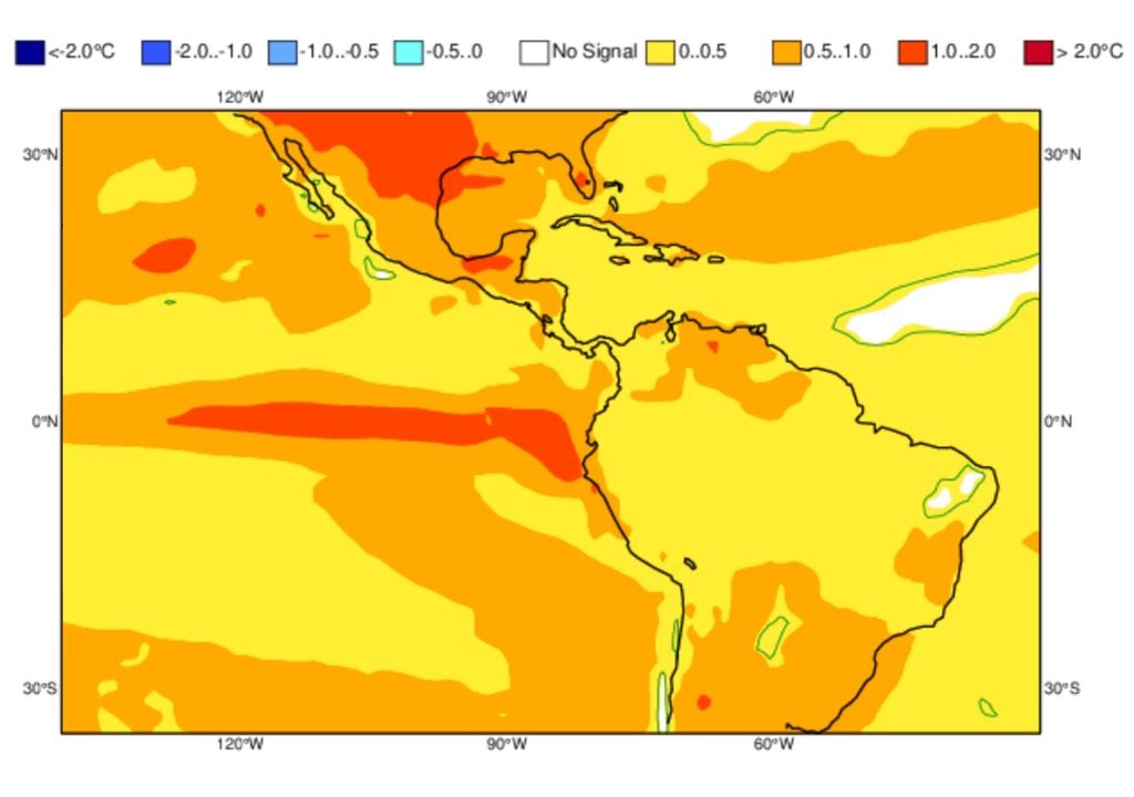 Previsão de anomalias de temperatura no trimestre Março-Abril-Maio de 2026 (modelo ECMWF).