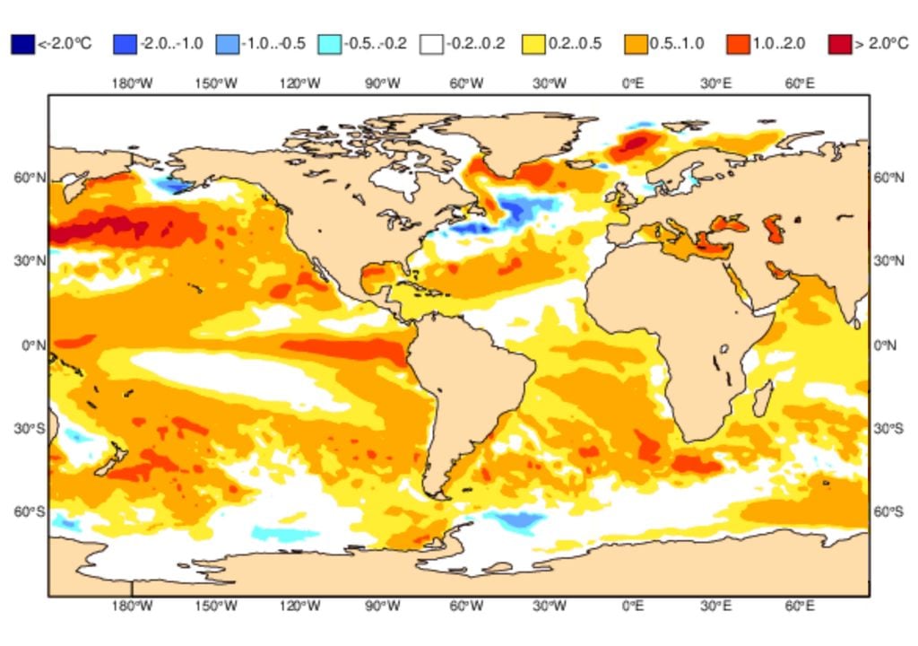 Previsão de anomalias de temperatura superficial do oceano no trimestre MAM 2026 (ECMWF).